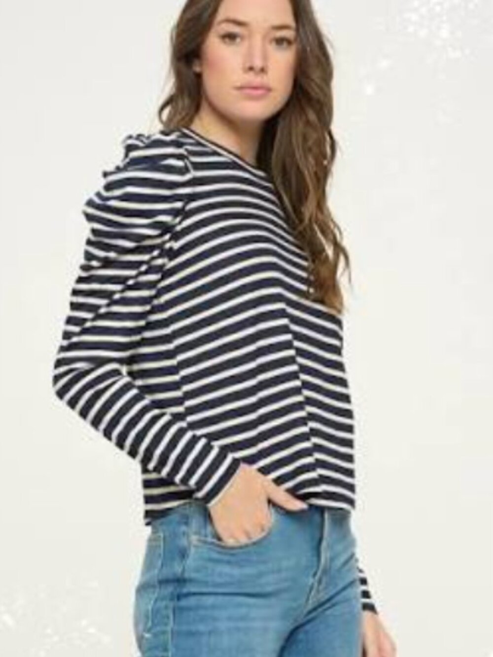 Boutique Cherish Navy Blue & White Stripe Puff Long Sleeve Top M